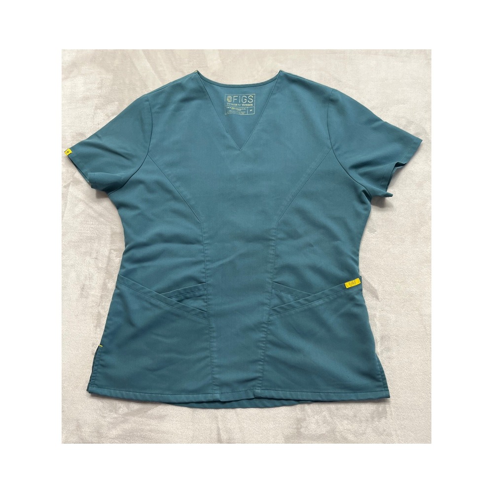 Figs Scrub Top Women Medium Teal V-Neck Short Sleeve Pockets FIONx Uniform Exc